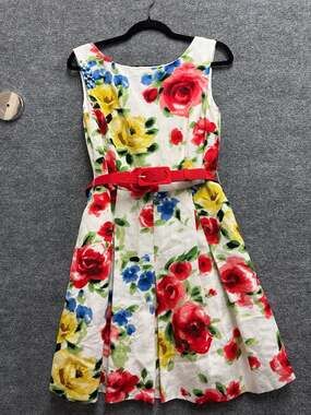 Tahari Arthur S. Levine Petite Floral Jacquard Fit and Flare Dress with Red Belt